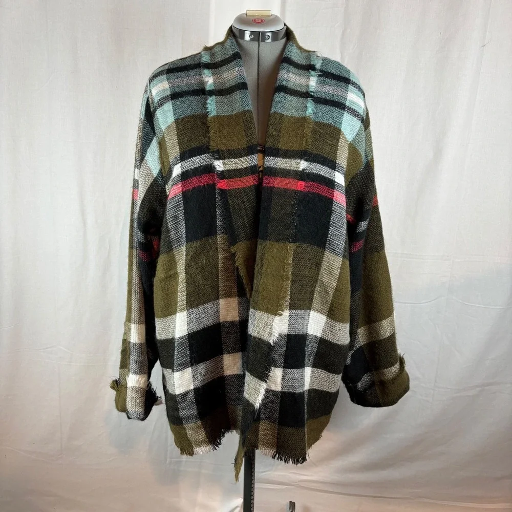 Upcycled Handmade Plaid Open Front Cardigan Jacket Frayed Hem Multi-Color